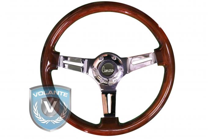 Camaro Script Volante S6 Sport Steering Wheel Kit, with Slotted Chrome Spokes & Mahogany Grip