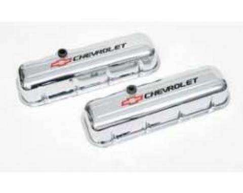 Valve Covers, Big Block, Tall Design, Chrome, With Baffle, Chevrolet Script & Bowtie Logo, 1965-1977