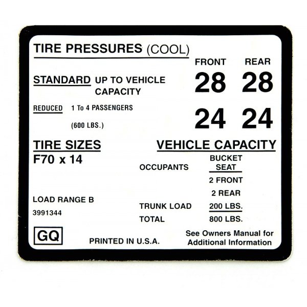 Camaro Tire Pressure Decal, 1970