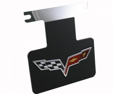 Corvette Factory Exhaust Enhancer Plate, Stainless Steel, With Black Background & Crossed-Flags Logo, 2005-2013