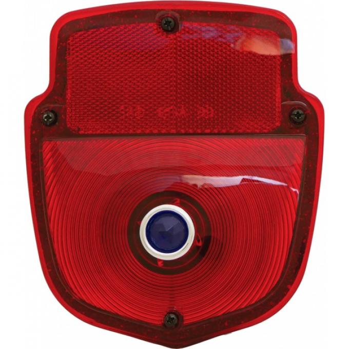 Ford Pickup Truck Tail Light Assembly - Flareside Pickup - Shield Type - Chrome Housing - Right - With Blue Dot Lens Installed