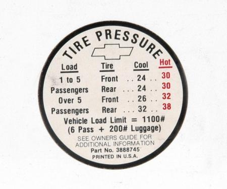 Full Size Chevy Tire Pressure Decal, 1966