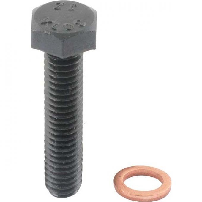 Model A Ford Oil Return Pipe Bolt Set - 4 Pieces - Black Oxide Bolts - Copper Washers