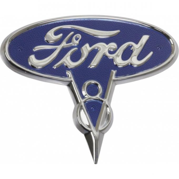 Ford Script Pickup Emblem - Hood Oval With V8 - Chrome BlueBackground - Ford Pickup, Commercial & Truck