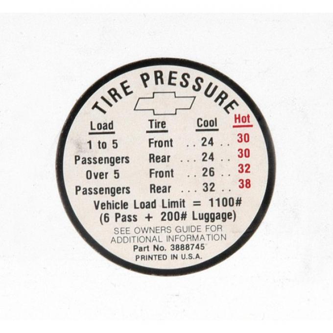 Full Size Chevy Tire Pressure Decal, 1966