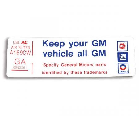 Camaro Air Cleaner Decal, Keep Your GM Car All GM, 250, 1977-1979