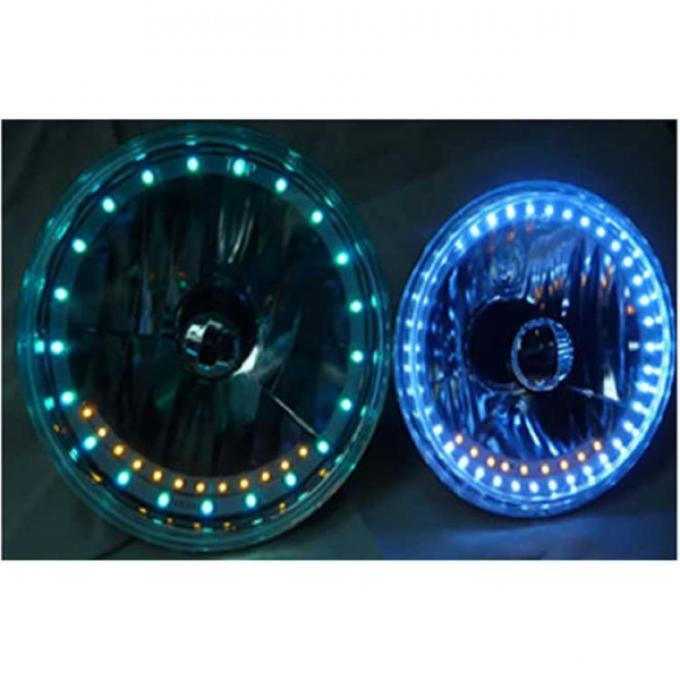 Camaro Headlight, 7 Inch Round White Diamond With Single Color White LED Halo And Turn Signals, 1967-1981