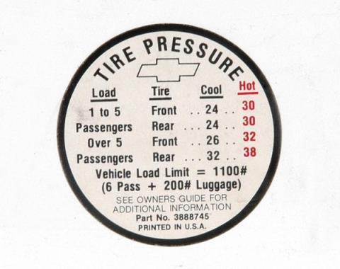 Full Size Chevy Tire Pressure Decal, 1966