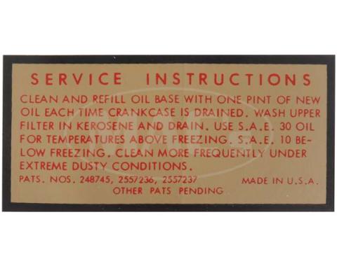 Oil Bath Air Cleaner Decal - Service Instructions - For 2 &4 Barrel Carburetor - Ford