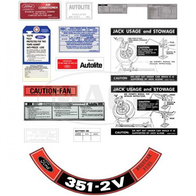Decal Kit, All Except Convertible, 351-2V, With AC, Torino, 1971