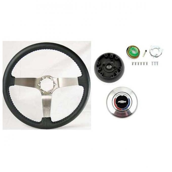 Camaro Steering Wheel Kit, Black Leather, With Brushed 3-Spoke Design, Non Tilt, 1969-1989