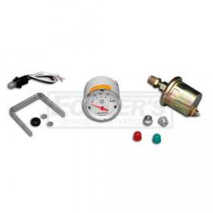 Chevy Custom Oil Pressure Gauge, White Face, With Black Numbers & Orange Needle, AutoMeter, 1955-1957