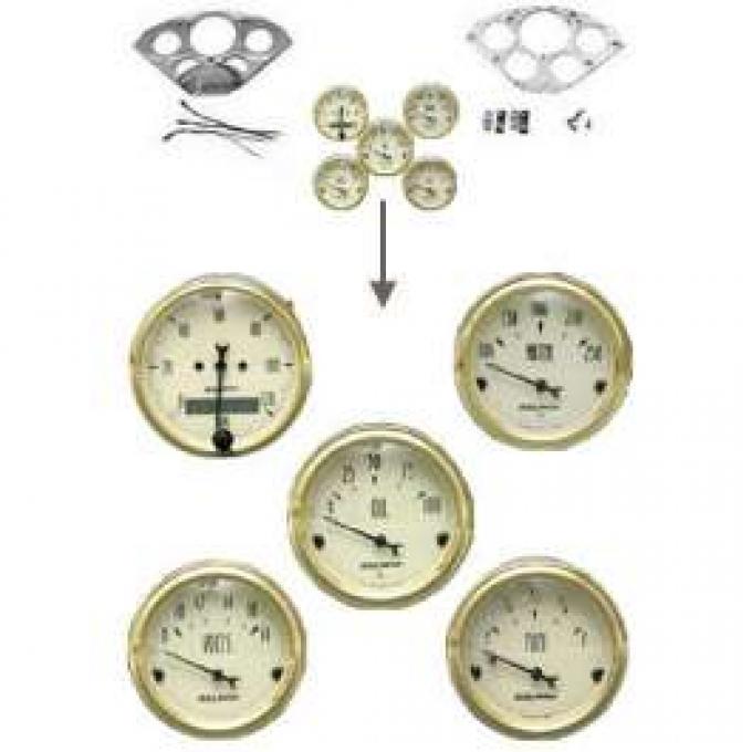 Chevy Gauge Panel Kit, Custom Aluminum, With Beige Gauges &Black Needles, 1955-1956