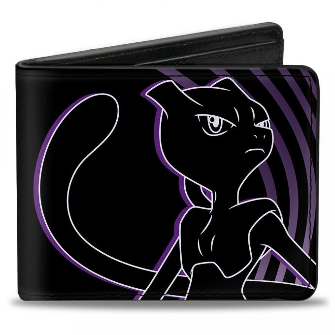 Bi-Fold Wallet - Mewtwo Standing + Jumping Poses/Psychic Waves Black/Purples