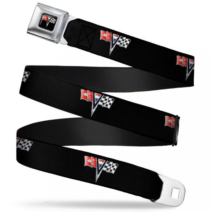 Corvette Stingray C2 Emblem Full Color Black Seatbelt Belt - Corvette Stingray C2 Emblem Black Repeat Webbing