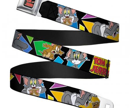 Tom and Jerry Logo Full Color Black/Red Seatbelt Belt - TOM & JERRY Poses Black/Multi Color Webbing