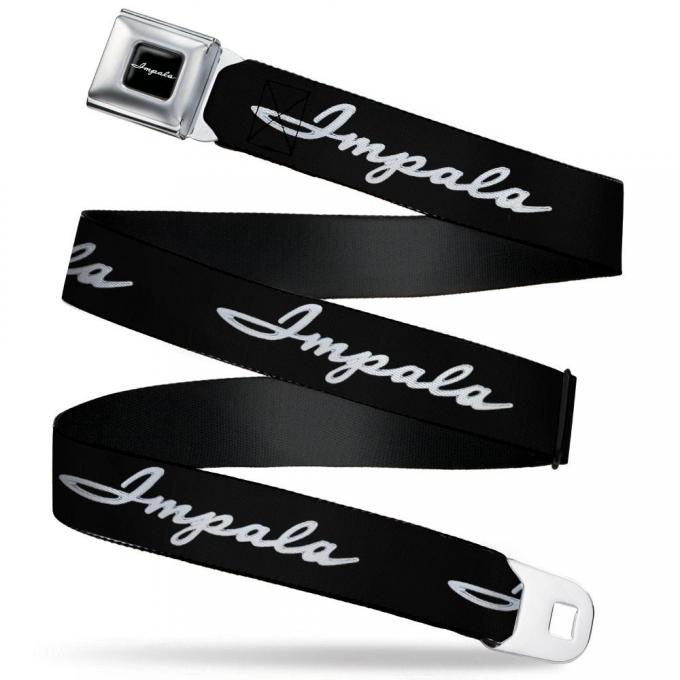 1962 IMPALA Script Emblem Full Color Black/Silver Seatbelt Belt - 1962 IMPALA Script Emblem Black/Silver Webbing