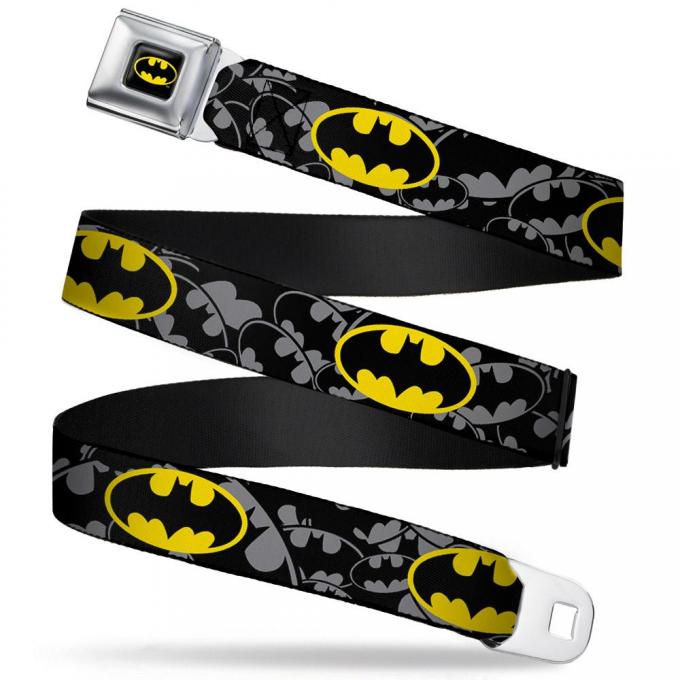 Batman Full Color Black/Yellow Seatbelt Belt - Bat Signals Stacked/Repeat Gray/Black/Yellow Webbing