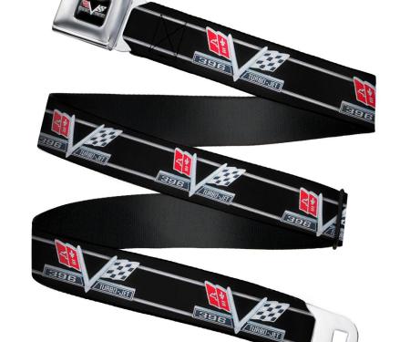 1967 Impala 396 TURBO-JET V Emblem Full Color Black/Silver/Red/White Seatbelt Belt - 1967 Impala 396 TURBO-JET V Emblem/Stripe Black/Silver/Red/White Webbing