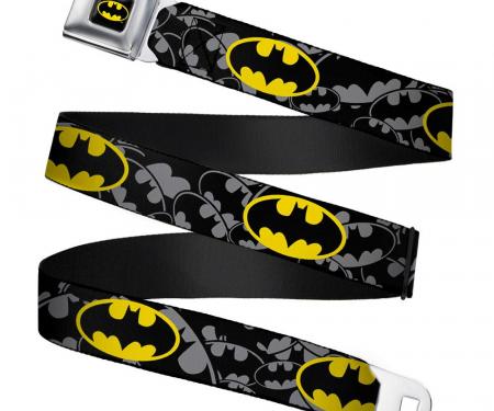 Batman Full Color Black/Yellow Seatbelt Belt - Bat Signals Stacked/Repeat Gray/Black/Yellow Webbing