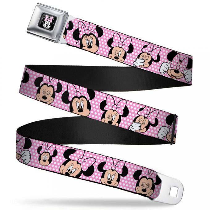 Minnie Mouse Full Color Face Pink Polka Dot/Black Seatbelt Belt - Minnie Mouse Expressions Polka Dot Pink/White Webbing