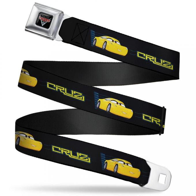 CARS 3 Emblem Full Color Black/Silver/Red Seatbelt Belt - Cars 3 CRUZ Pose/Car Profile Black/Blue/Yellow Webbing