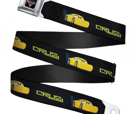 CARS 3 Emblem Full Color Black/Silver/Red Seatbelt Belt - Cars 3 CRUZ Pose/Car Profile Black/Blue/Yellow Webbing