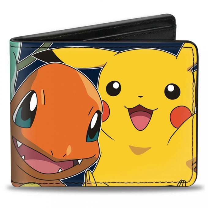 Bi-Fold Wallet - Pikachu & Kanto Starter POKEMON Stacked CLOSE-UP ...