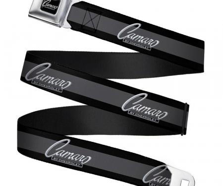 1969 CAMARO BY CHEVROLET Emblem Full Color Black/Silver Seatbelt Belt - 1969 CAMARO BY CHEVROLET Emblem/Stripe Black/Gray/Silver Webbing