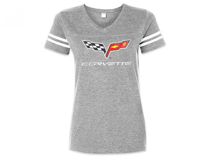 T-Shirt C6 Logo Ladies Gray Striped Sleeve