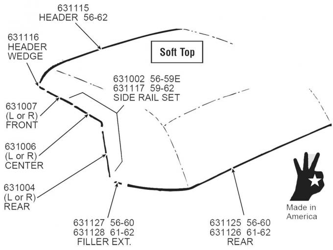 56-62 Soft Top / Convertible Top Side Rail Weatherstrip - Front Right