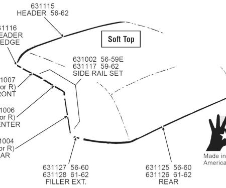 56-62 Soft Top / Convertible Top Side Rail Weatherstrip - Front Right