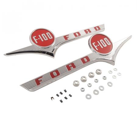 Dennis Carpenter Hood Side Emblem - "FORD F-100" - Chrome with Red - 1956 Ford Truck B6C-16720-PR