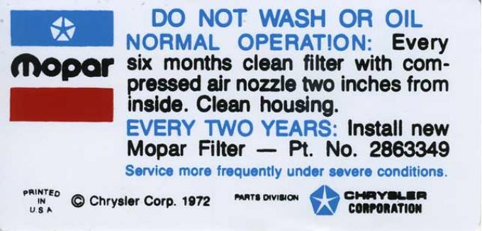 1972-74 Mopar Air Cleaner Service Instructions Decal (Blue/Black Print)