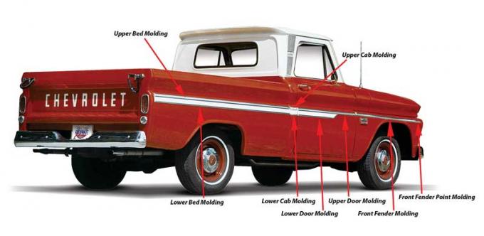 OER 1962-66 Chevy Fleetside Pickup, Long Bed, Aluminum Side Molding Set, 16 Pieces, With Clips and Hardware CX1675