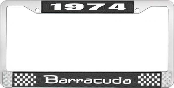 OER 1974 Barracuda License Plate Frame - Black and Chrome with White Lettering LF121274A