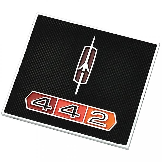 OER 1967 Oldsmobile 442, Dash Panel Emblem, Rocket 442 With Tri-color Bar, Black Background Accenting 395166